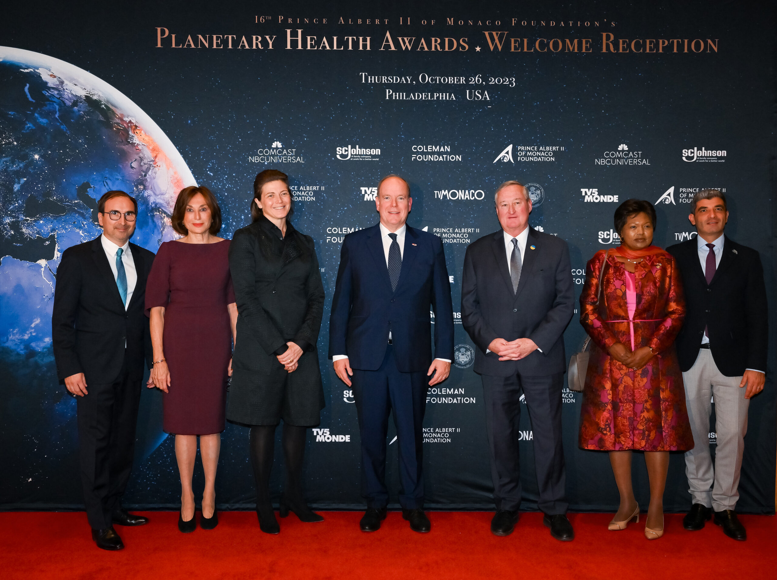 l-r: Patrice Courtaban (CEO, TV5MONDE-USA), Amb. Maguy Maccario Doyle, Sasha Suda, Director &amp; CEO, Philadelphia Museum of Art, HSH Prince Albert II of Monaco, Philadelphia Mayor Jim Kenney, Rwanda's  Amb. Mathilde Mukantabana &amp; Olivier Wenden, Vice President of the Prince Albert II of Monaco Foundation.